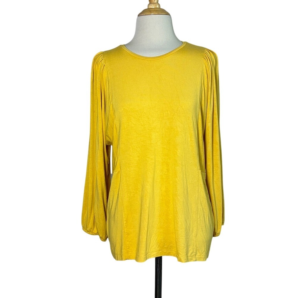 CHICO'S Size 1 US Medium Mustard Gold Stretch Rayon Long Balloon‎ Sleeve Top
